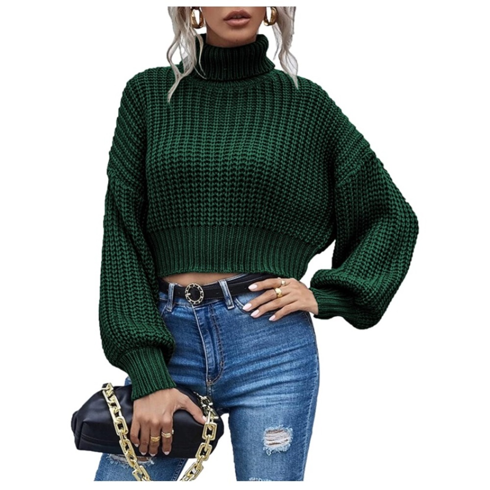 Turtleneck Knit Sweaters Casual Lantern Long Sleeve Pullover Cropped Dark Green